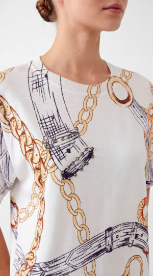 Print Shirt Großhandel Tencel Kette, Reitmotiv mit Strassbesatz (8) Print Shirt Großhandel Tencel Kette, illustrativer Reitmotiv Print mit goldenen Ketten und Strassriemen, rosemodee.de