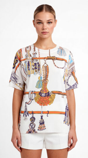 Print Shirt Großhandel Tencel, illustrativer Quasten und Kordel Print mit funkelndem Strassanhänger, rosemodee.de