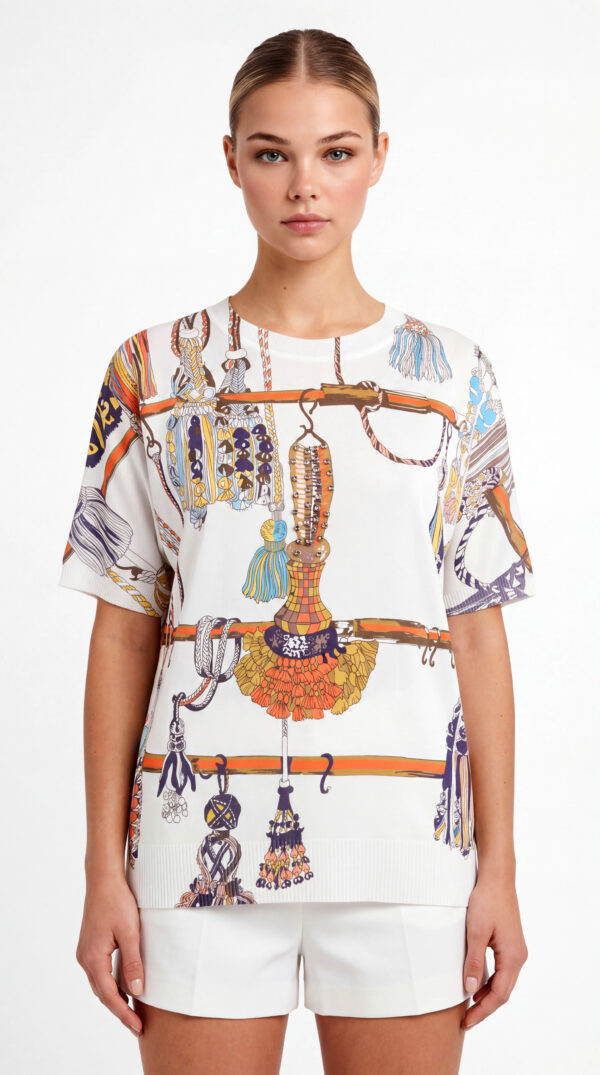 Print Shirt Großhandel Tencel, illustrativer Quasten und Kordel Print mit funkelndem Strassanhänger, rosemodee.de