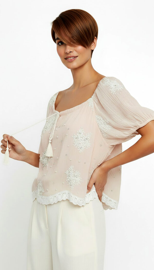 Pudra Oversize Damen Bluse mit Spitze und Strass Großhandel (12) Pudra Oversize Damen Bluse mit Spitze, Strass und Carmen Ausschnitt