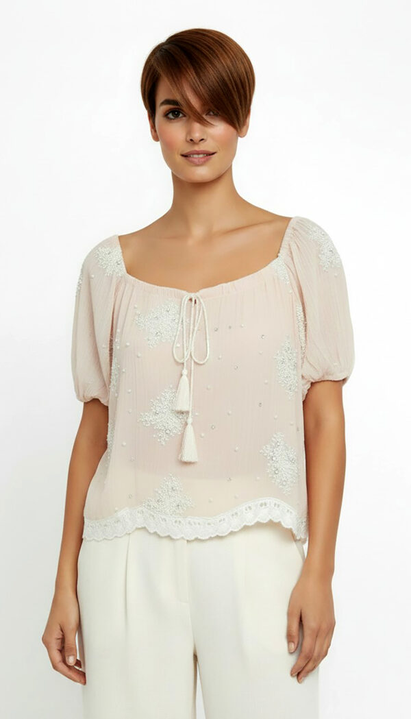 Pudra Oversize Damen Bluse mit Spitze und Strass Großhandel (8) Pudra Oversize Damen Bluse mit Spitze, Strass und Carmen Ausschnitt