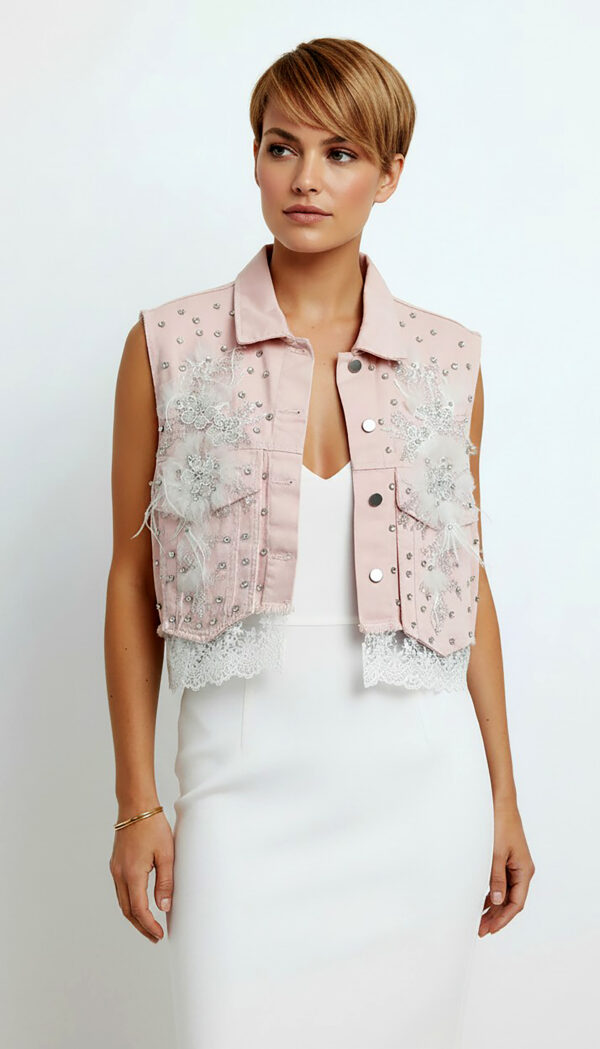 Pudra Oversize Damen Jeansweste mit Strass und Spitzenapplikation Großhandel