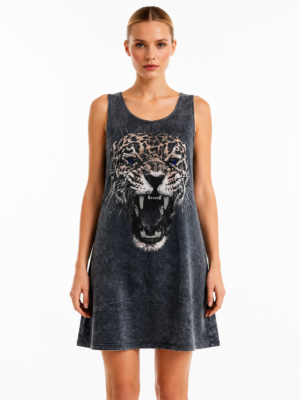 Raubkatze Tunikakleid Großhandel, Acid Wash mit brüllendem Leopardenkopf und Strassgesicht, rosemodee.de