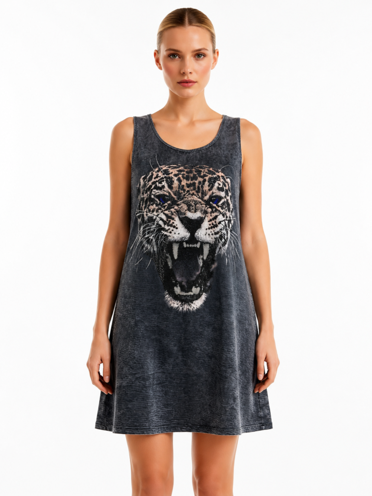 Raubkatze Tunikakleid Großhandel, Acid Wash mit brüllendem Leopardenkopf und Strassgesicht, rosemodee.de