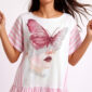 Romantisches Oversize Shirt mit Schmetterling-Strassmotiv und rosa-weißen Streifendetails