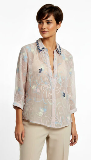 Rosa Damen Bluse mit Strass Kragen und Schmetterling Stickerei Großhandel