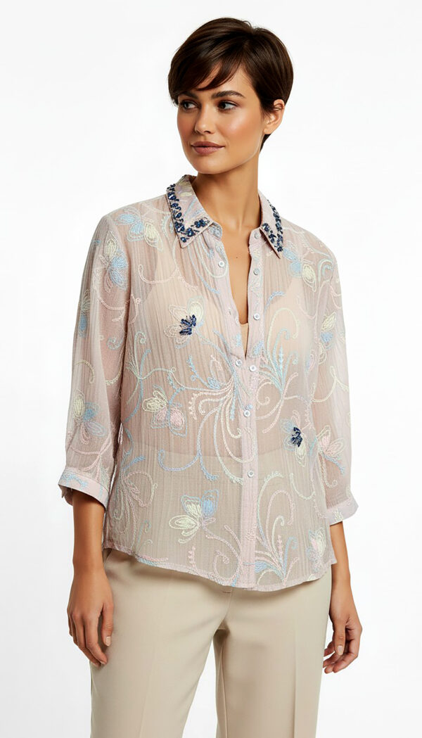 Rosa Damen Bluse mit Strass Kragen und Schmetterling Stickerei Großhandel (11)