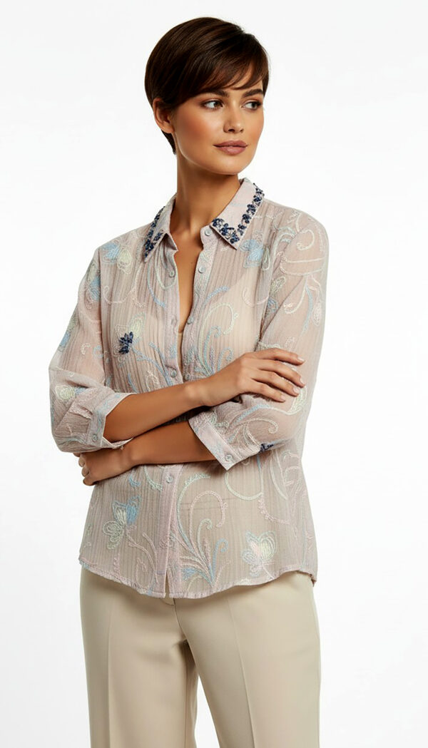 Rosa Damen Bluse mit Strass Kragen und Schmetterling Stickerei Großhandel (7) Rosa Damen Bluse mit Strass Kragen und Schmetterling Stickerei Großhandel