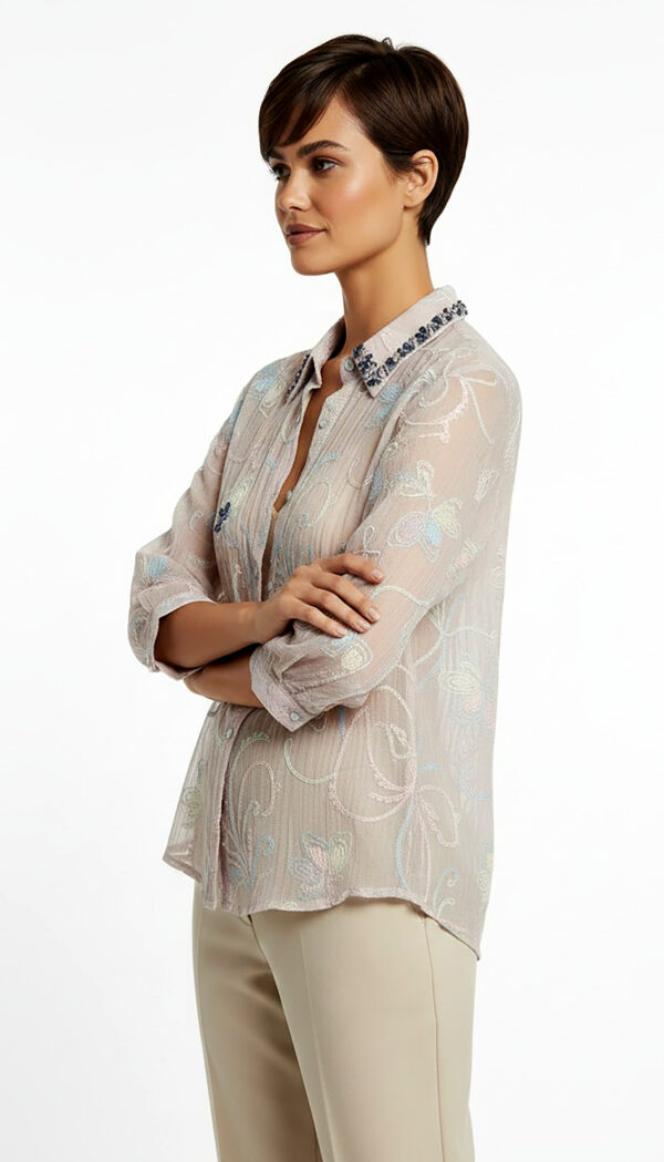 Rosa Damen Bluse mit Strass Kragen und Schmetterling Stickerei Großhandel (9) Rosa Damen Bluse mit Strass Kragen und Schmetterling Stickerei Großhandel
