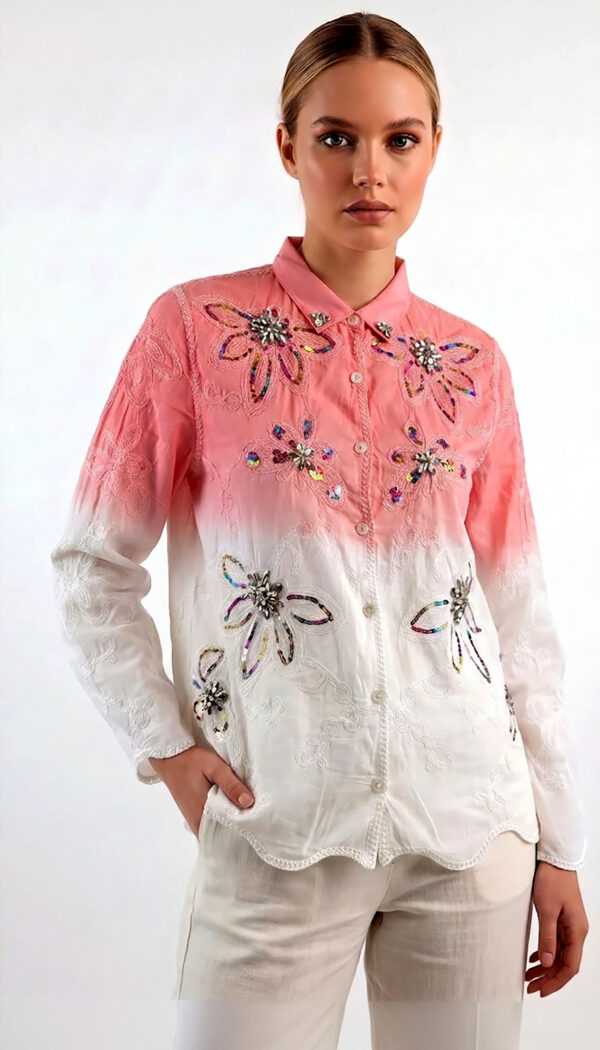Rosa Farbverlauf Baumwollbluse mit Blumenstickerei, Strass & Pailletten (1) Rosa Farbverlauf Baumwollbluse mit Blumenstickereien, Strass und Pailletten
