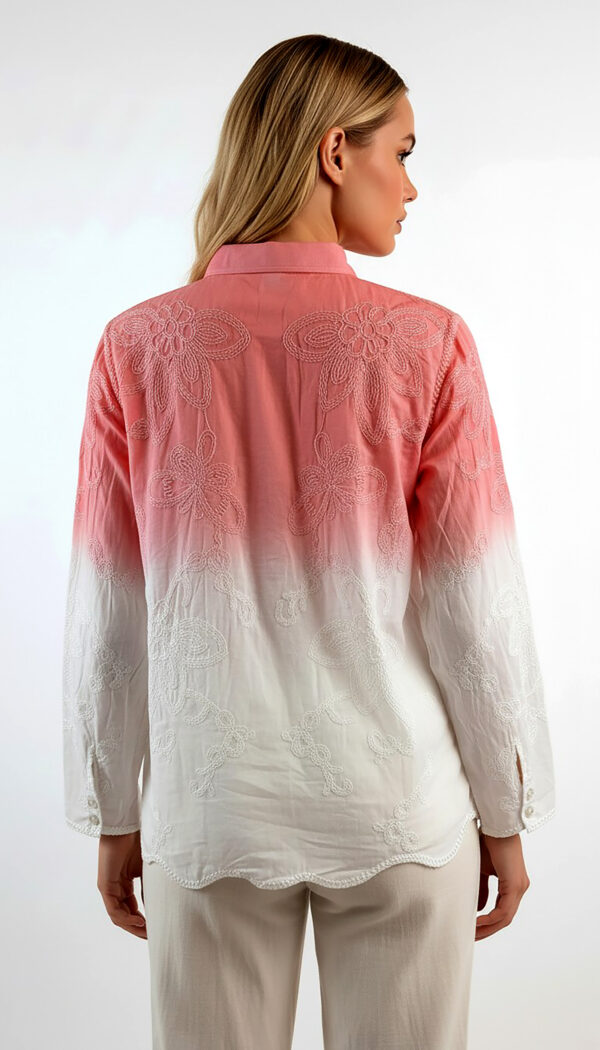 Rosa Farbverlauf Baumwollbluse mit Blumenstickerei, Strass & Pailletten (2) Rosa Farbverlauf Baumwollbluse mit Blumenstickereien, Strass und Pailletten