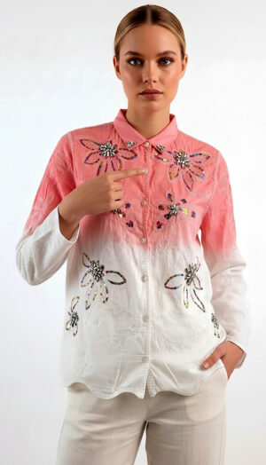 Rosa Farbverlauf Baumwollbluse mit Blumenstickereien, Strass und Pailletten