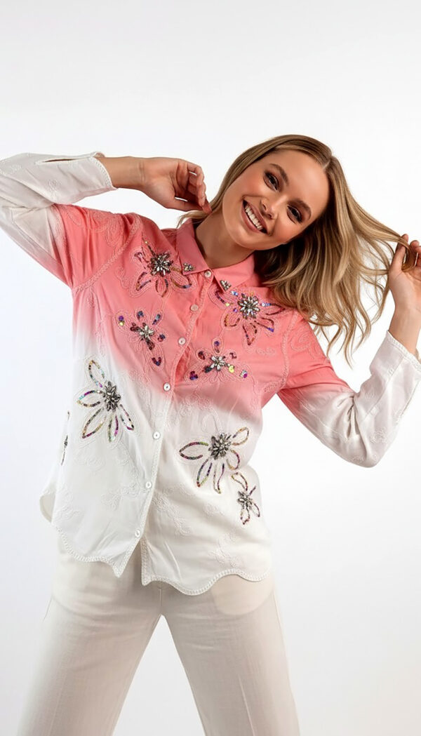 Rosa Farbverlauf Baumwollbluse mit Blumenstickerei, Strass & Pailletten (5) Rosa Farbverlauf Baumwollbluse mit Blumenstickereien, Strass und Pailletten