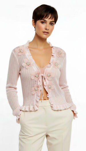 Rosa Oversize Damen Bluse mit 3D-Blumen und Perlendetails Großhandel