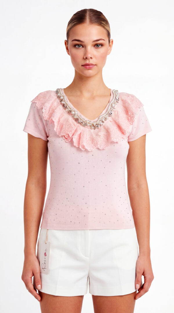 Rosa Spitzenbluse Großhandel Strass, Spitzenrüsche mit Rosenblüte, Perlen, Pailletten und Strasssteinen, Allover Strassstreuung, rosemodee.de
