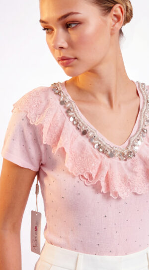 Rosa Spitzenbluse Großhandel Strass, Spitzenrüsche mit Perlen und Pailletten (2) Rosa Spitzenbluse Großhandel Strass, Spitzenrüsche mit Rosenblüte, Perlen, Pailletten und Strasssteinen, Allover Strassstreuung, rosemodee.de