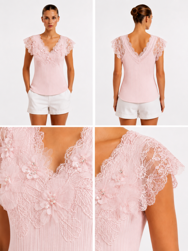 Rosafarbenes Spitzentop Großhandel (4) Rosafarbenes Spitzentop Großhandel im Tonal-Look – zartes Rosa mit 3D-Blüten, Perlen und Spitzenärmeln – rosemodee.de