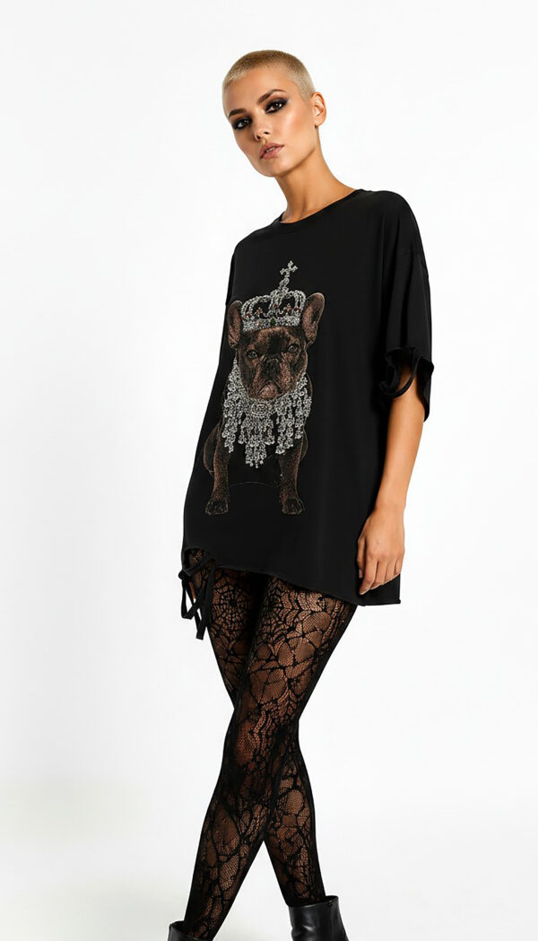 Royal Bulldog Strass Oversize Shirt Großhandel Lot 2 Stück – Gothic Damen Longshirt Schwarz (2) Royal Bulldog Strass Oversize Shirt Schwarz mit Kronenmotiv und hochwertigen Strassteinen
