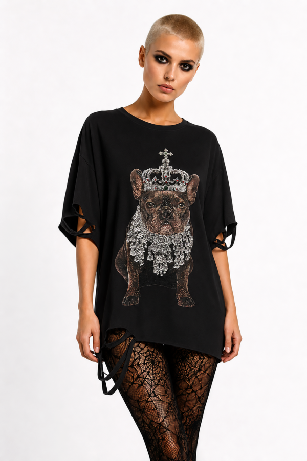 Royal Bulldog Strass Oversize Shirt Schwarz mit Kronenmotiv und hochwertigen Strassteinen