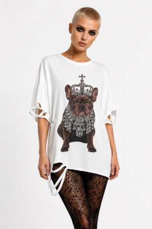 Royal Bulldog Strass Oversize Shirt Weiß mit Kronenmotiv und hochwertigen Strassteinen