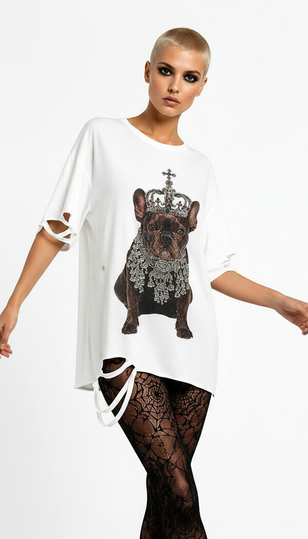 Royal Bulldog Strass Oversize Shirt Großhandel Lot 2 Stück – Gothic Damen Longshirt Weiß (2) Royal Bulldog Strass Oversize Shirt Weiß mit Kronenmotiv und hochwertigen Strassteinen