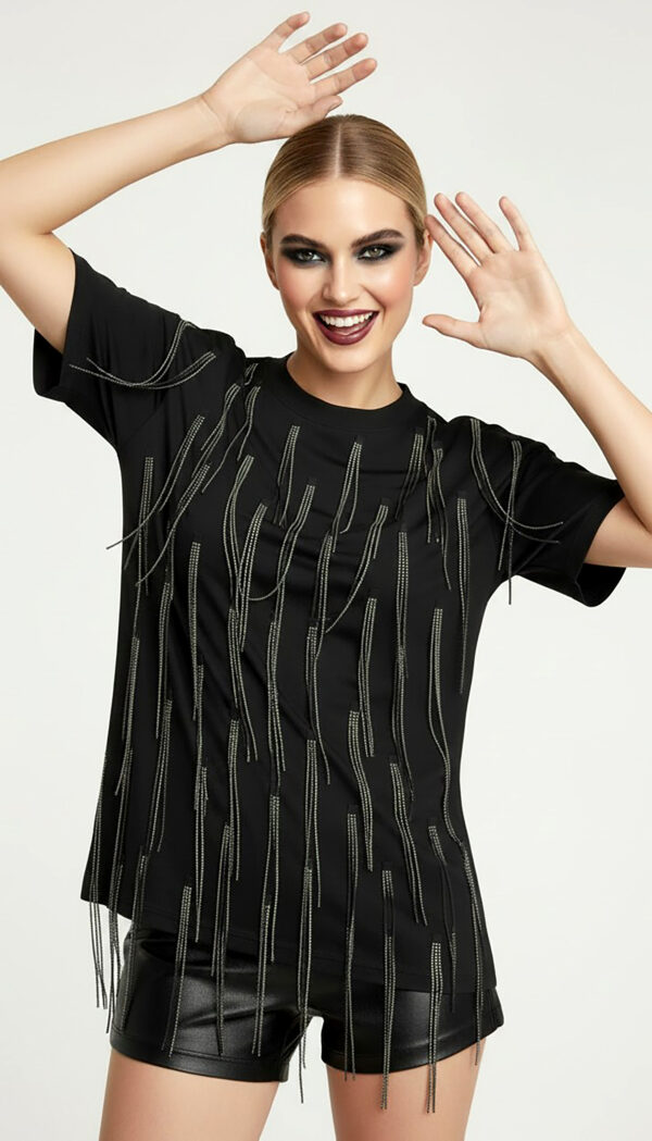 Schwarzes Fransen Shirt mit Strasssteinen und Metallic-Fransen (2) Schwarzes Fransen Shirt mit Strasssteinen und langen Metallic-Fransen
