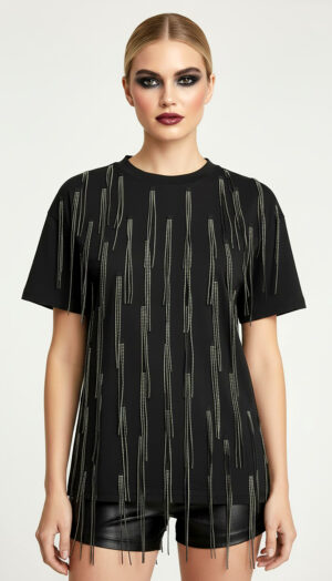 Schwarzes Fransen Shirt mit Strasssteinen und langen Metallic-Fransen