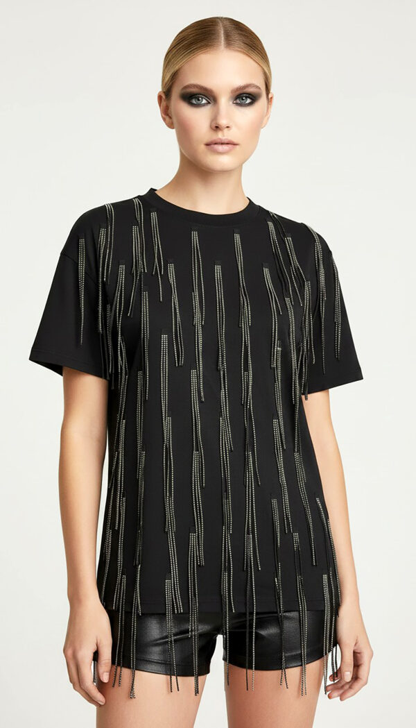 Schwarzes Fransen Shirt mit Strasssteinen und Metallic-Fransen (6) Schwarzes Fransen Shirt mit Strasssteinen und langen Metallic-Fransen