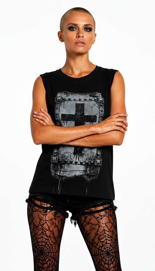 Schwarzes Kreuz Tank Top Großhandel (4) Schwarzes Kreuz Tank Top Großhandel – Muscle-Tank mit gotischem Kreuz-Digitalprint, Totenkopf-Nieten-Rahmen, Dripping-Effekt und schwarzem Strassbesatz – rosemodee.de