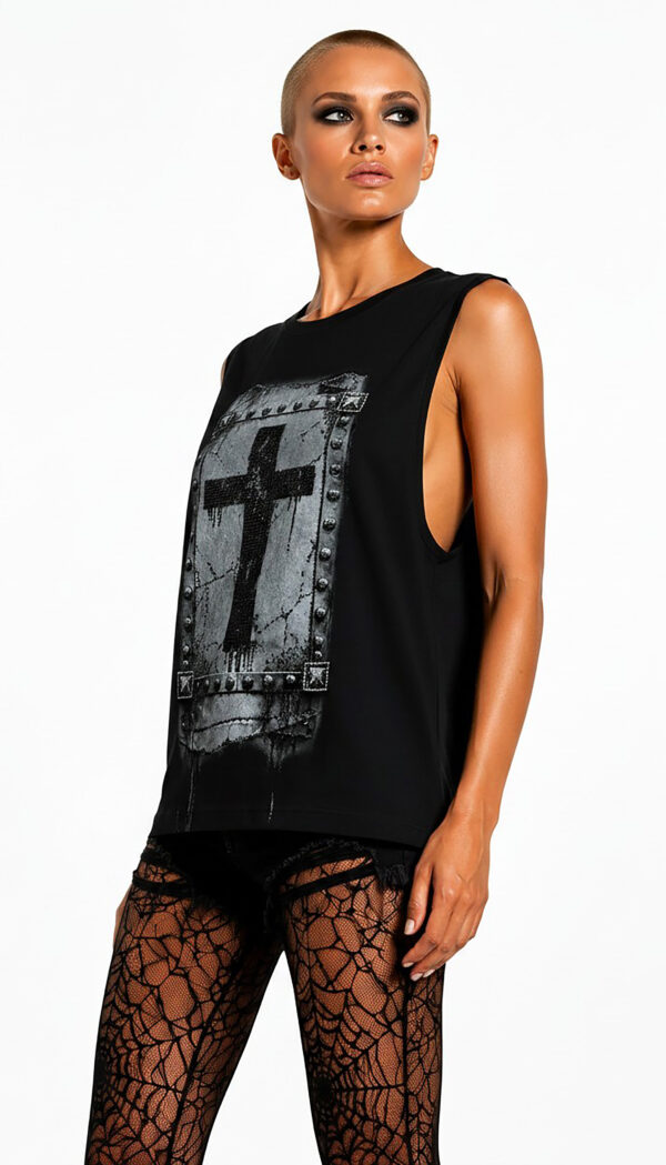 Schwarzes Kreuz Tank Top Großhandel (5) Schwarzes Kreuz Tank Top Großhandel – Muscle-Tank mit gotischem Kreuz-Digitalprint, Totenkopf-Nieten-Rahmen, Dripping-Effekt und schwarzem Strassbesatz – rosemodee.de