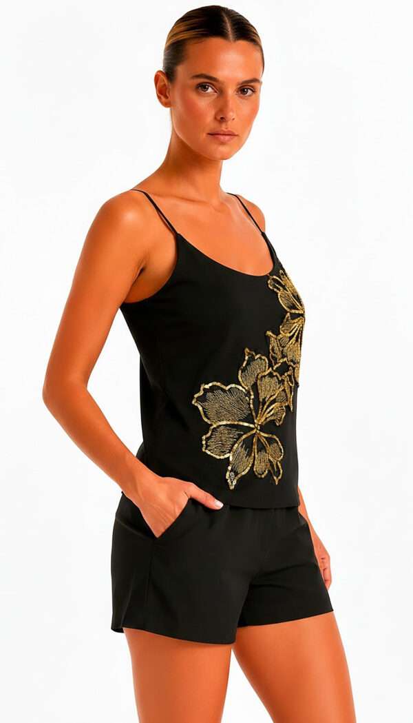 Schwarzes Pailletten Top Großhandel, Blütenmotiv mit Goldstickerei (1) Schwarzes Pailletten Top Großhandel, Camisole mit Blütenmotiv aus schwarzen und goldenen Pailletten und Goldstickerei, rosemodee.de