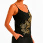 Schwarzes Pailletten Top Großhandel, Camisole mit Blütenmotiv aus schwarzen und goldenen Pailletten und Goldstickerei, rosemodee.de