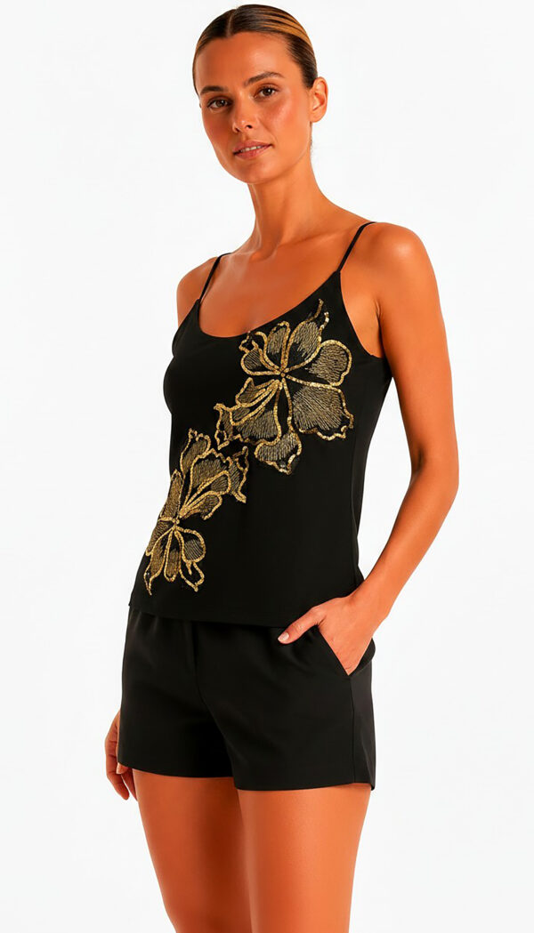 Schwarzes Pailletten Top Großhandel, Blütenmotiv mit Goldstickerei (2) Schwarzes Pailletten Top Großhandel, Camisole mit Blütenmotiv aus schwarzen und goldenen Pailletten und Goldstickerei, rosemodee.de