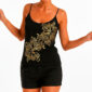 Schwarzes Pailletten Top Großhandel, Camisole mit Blütenmotiv aus schwarzen und goldenen Pailletten und Goldstickerei, rosemodee.de