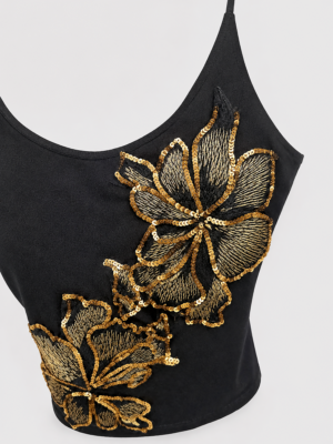 Schwarzes Pailletten Top Großhandel, Blütenmotiv mit Goldstickerei (4) Schwarzes Pailletten Top Großhandel, Camisole mit Blütenmotiv aus schwarzen und goldenen Pailletten und Goldstickerei, rosemodee.de