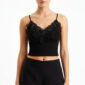 Schwarzes Spitzen Crop Top mit 3D-Blumen, Perlen, Strassteinen und Soft-Cups