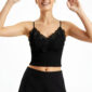 Schwarzes Spitzen Crop Top mit 3D-Blumen, Perlen, Strassteinen und Soft-Cups