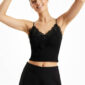 Schwarzes Spitzen Crop Top mit 3D-Blumen, Perlen, Strassteinen und Soft-Cups
