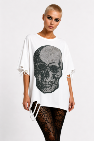 Skull Strass Oversize Shirt Weiß mit Totenkopf Motiv und hochwertigen Strassteinen