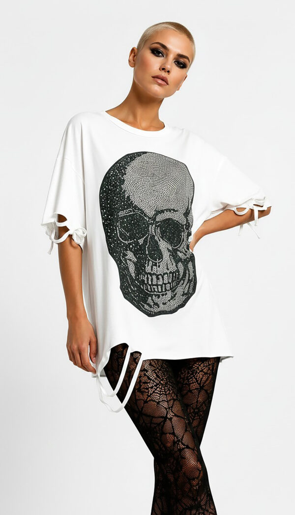 Skull Strass Oversize Shirt Großhandel Lot 2 Stück – Gothic Damen Longshirt Weiß (1) Skull Strass Oversize Shirt Weiß mit Totenkopf Motiv und hochwertigen Strassteinen