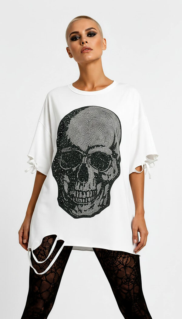 Skull Strass Oversize Shirt Großhandel Lot 2 Stück – Gothic Damen Longshirt Weiß (3) Skull Strass Oversize Shirt Weiß mit Totenkopf Motiv und hochwertigen Strassteinen