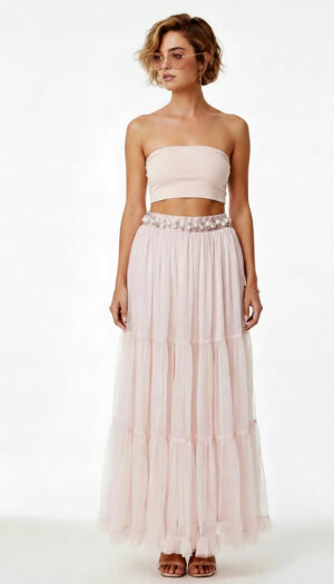 Soft Pink Damen Maxirock mit Tüll und Perlendetails