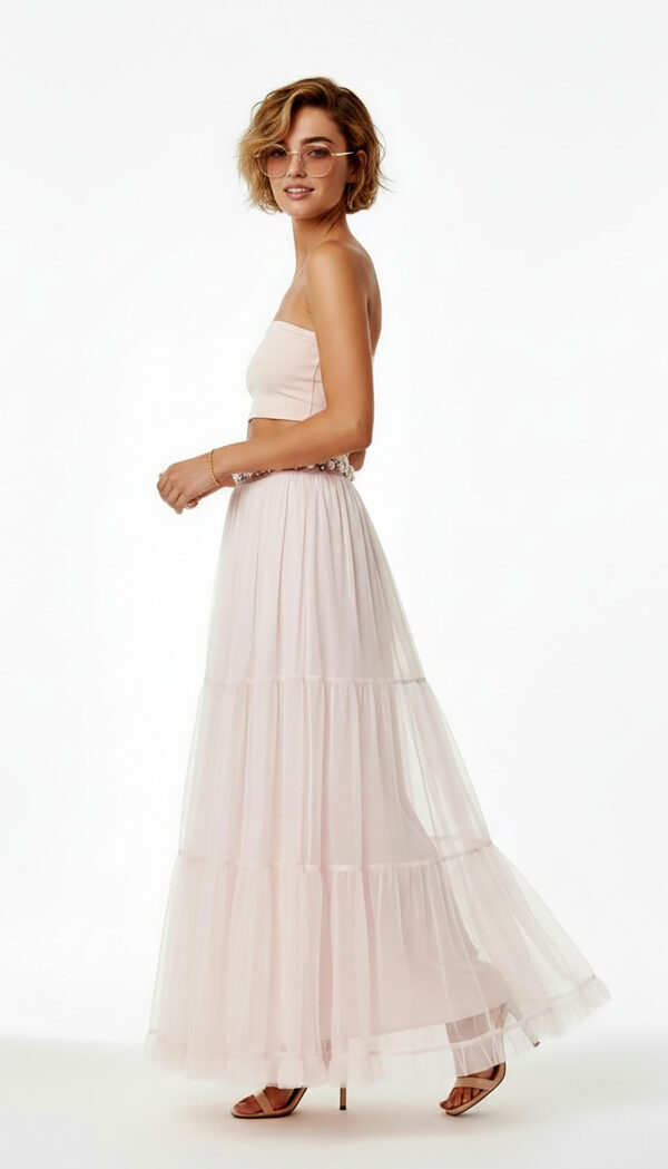 Soft Pink Damen Maxirock mit Tüll und Perlendetails – Langer Oversize Rock Großhandel (11) Soft Pink Damen Maxirock mit Tüll und Perlendetails