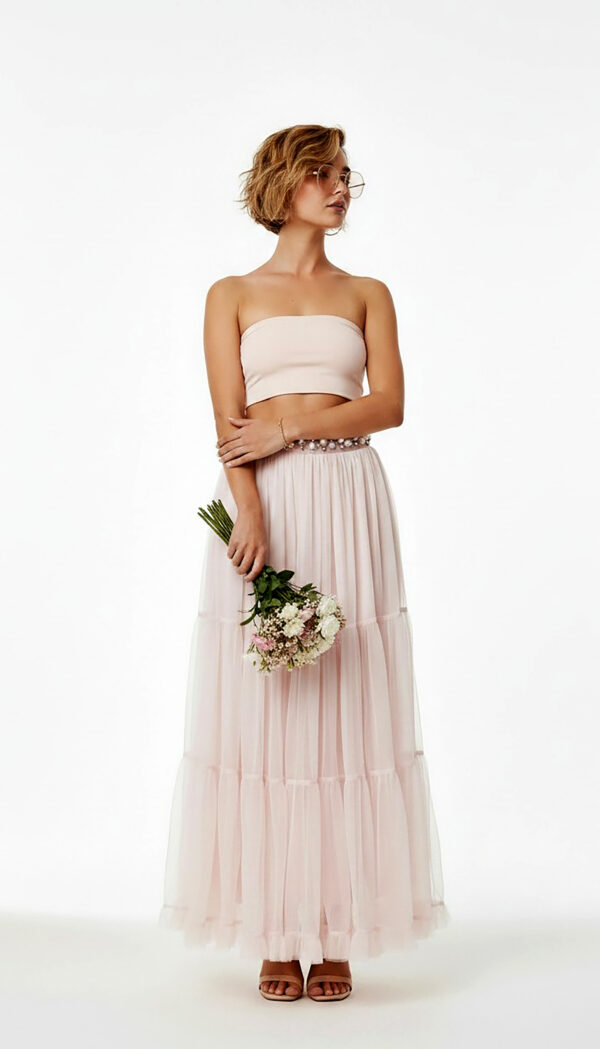 Soft Pink Damen Maxirock mit Tüll und Perlendetails – Langer Oversize Rock Großhandel (12) Soft Pink Damen Maxirock mit Tüll und Perlendetails