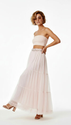 Soft Pink Damen Maxirock mit Tüll und Perlendetails