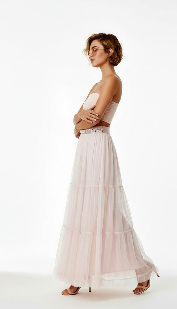 Soft Pink Damen Maxirock mit Tüll und Perlendetails – Langer Oversize Rock Großhandel (14) Soft Pink Damen Maxirock mit Tüll und Perlendetails