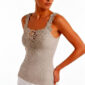 Taupe Spitzentop Großhandel, Rippenstrick Trägertop im Tonal Look mit Blumenstickerei und Perlenboncuks, rosemodee.de