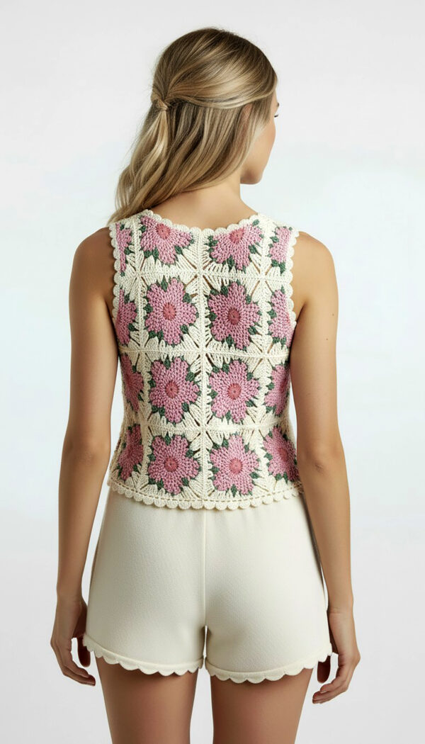Vintage Boho Granny Square Häkel Top mit Schmucksteinen – Rosa Creme Ibiza Style Damen Crochet Top (1) Vintage Boho Granny Square Häkel Top in Rosa Creme mit Blumenmuster und Schmucksteinen am Kragen