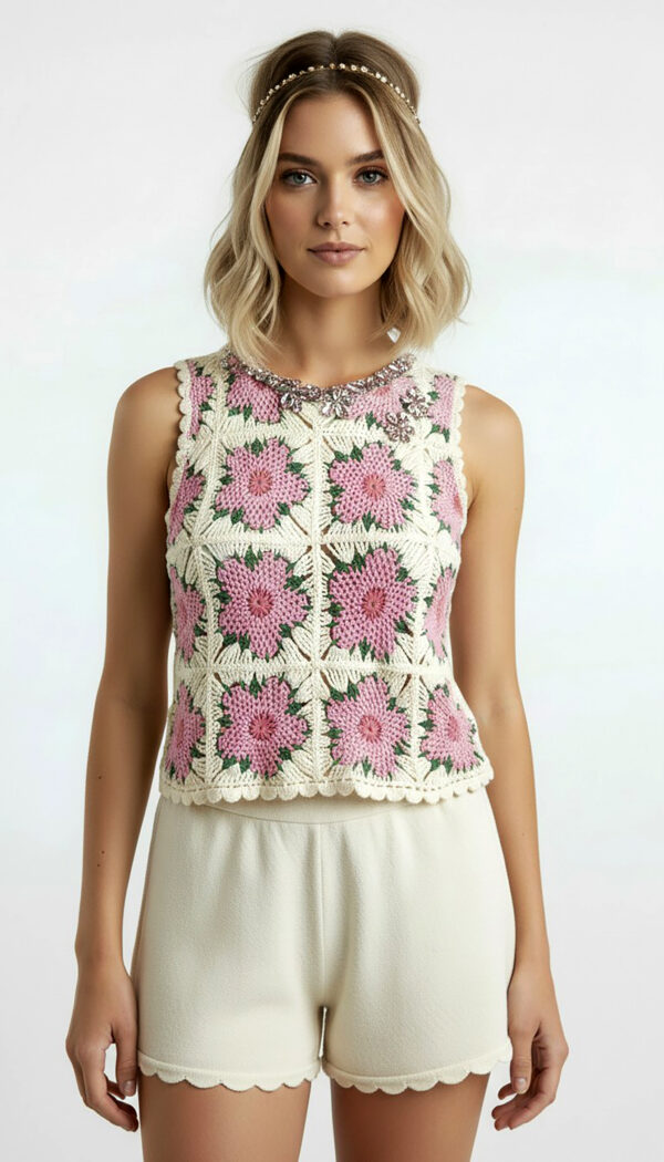 Vintage Boho Granny Square Häkel Top mit Schmucksteinen – Rosa Creme Ibiza Style Damen Crochet Top (2) Vintage Boho Granny Square Häkel Top in Rosa Creme mit Blumenmuster und Schmucksteinen am Kragen