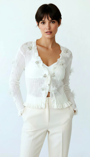 Weiße Damen Strickjacke mit 3D-Blumen und Perlendetails
